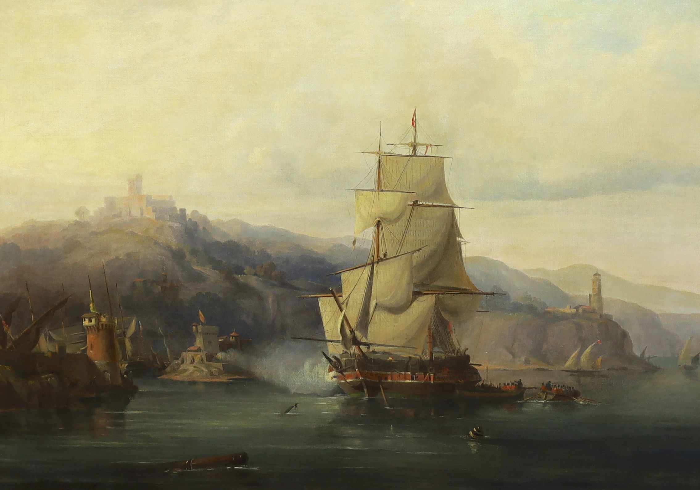After George Chambers (British, 1803-1840), 'The Capture of Bagur', oil on canvas, 60 x 83cm